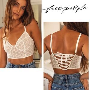Free People Women’s‎ S Lele Lace Up Corset Bra Crop Top White Lace Coquette New